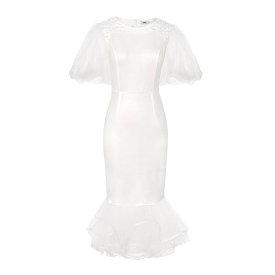 Damen Elegantes Maxikleid mit voluminösen Tüllärmeln und Rüschensaum R&B