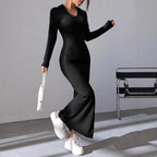 Damen Maxikleid mit strukturiertem V-Ausschnitt und Seitenschlitzen R&B