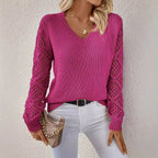 Damen Eleganter Strickpullover mit V-Ausschnitt und gehäkelten Ärmeln R&B