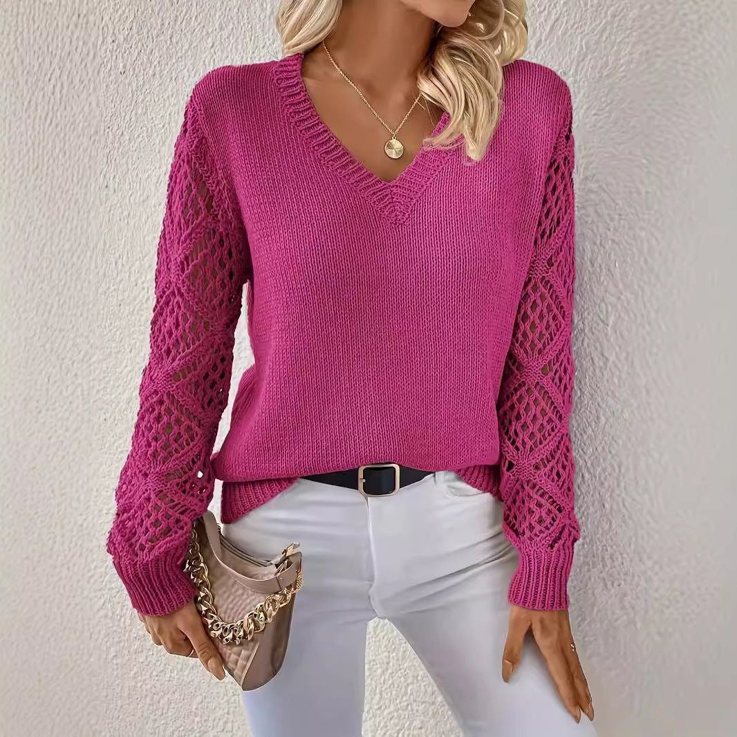 Damen Eleganter Strickpullover mit V-Ausschnitt und gehäkelten Ärmeln R&B