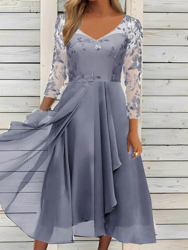 Damen nan V-Ausschnitt Chiffon-Midikleid mit besticktem Bustier, transparenten dreiviertel-Ärmeln und asymmetrischem Lagenrock R&B