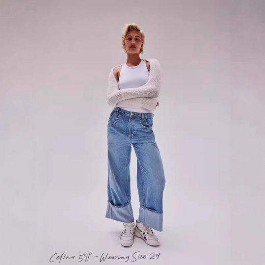 Damen Weite Jeans mit umgeschlagenem Saum
