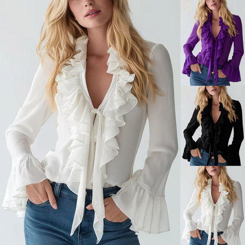 Damen Elegantes Oberteil mit Volants und tiefem V-Ausschnitt R&B