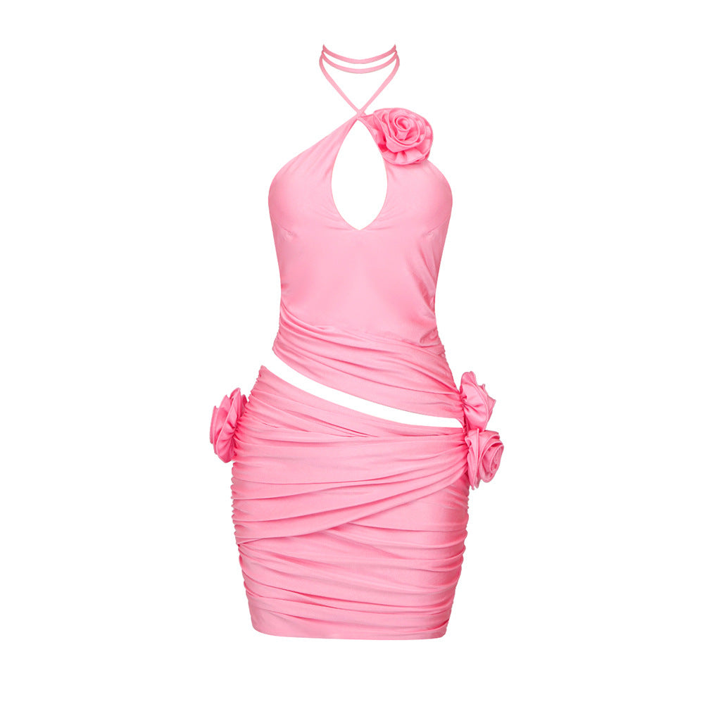 Damen Neckholder-Kleid mit raffiniertem Drapé und Rosendetails R&B