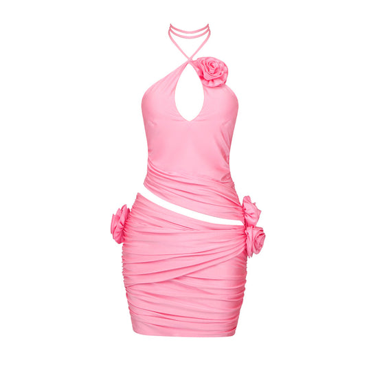 Damen Neckholder-Kleid mit raffiniertem Drapé und Rosendetails R&B