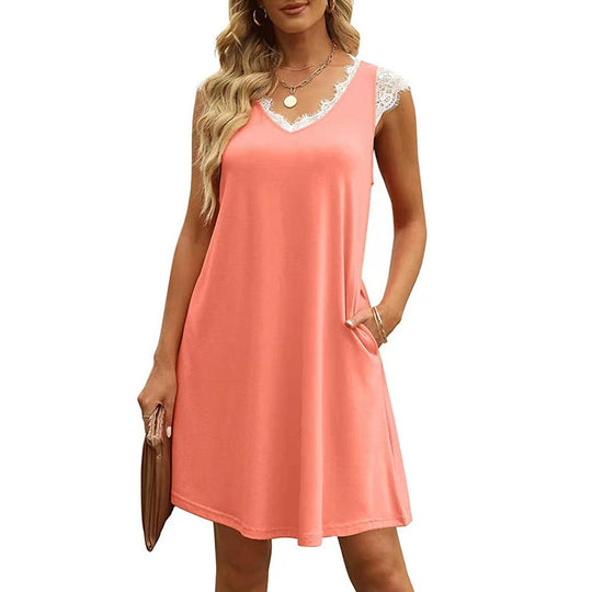 Damen ärmelloses Kleid mit Spitzendetail und seitlichen Taschen R&B