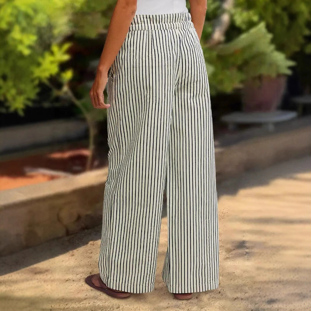 Damen lässige weite Hose im Streifenlook mit elastischem Bund und Bindegürtel R&B
