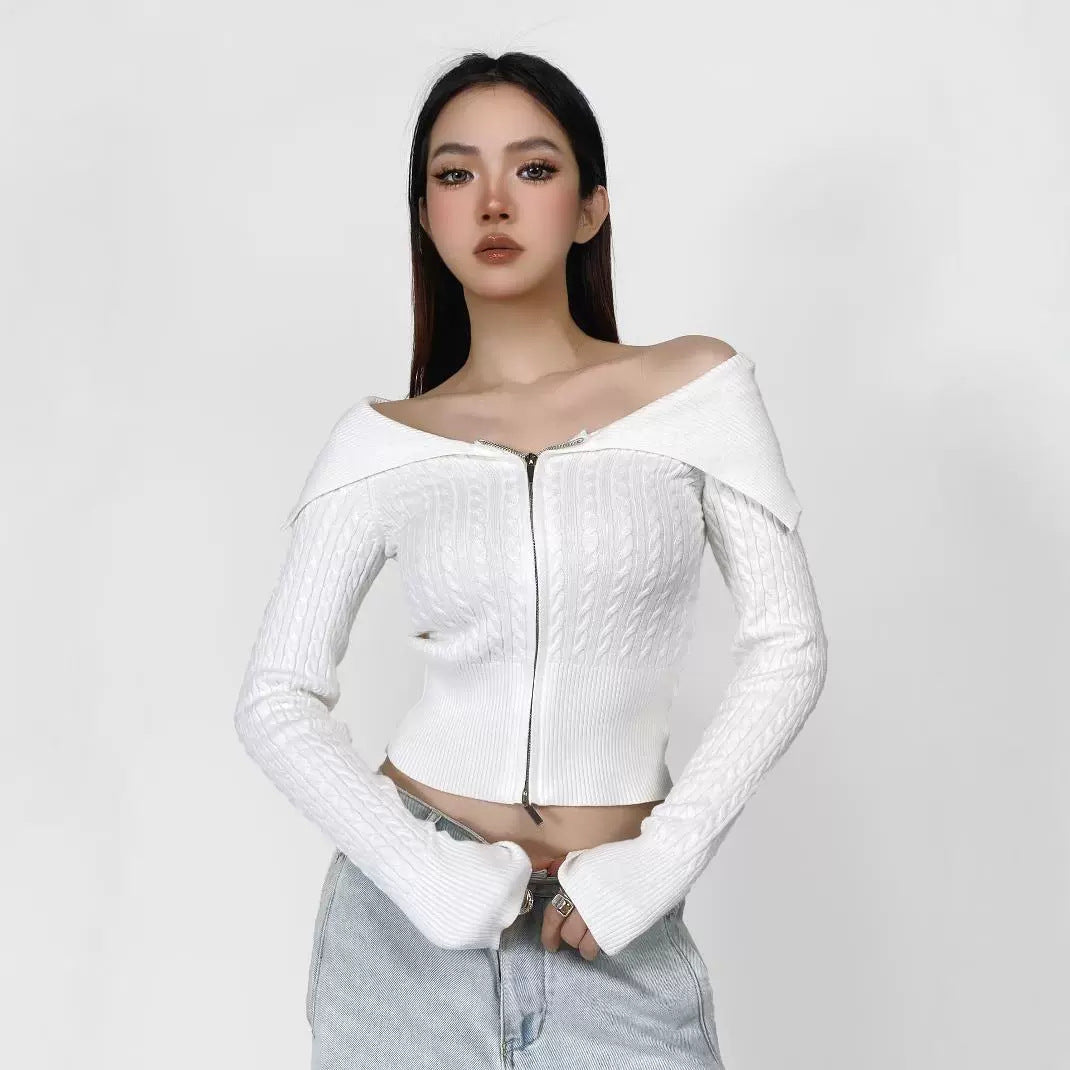 Damen modische Strickjacke mit weitem Kragen und Reißverschluss R&B
