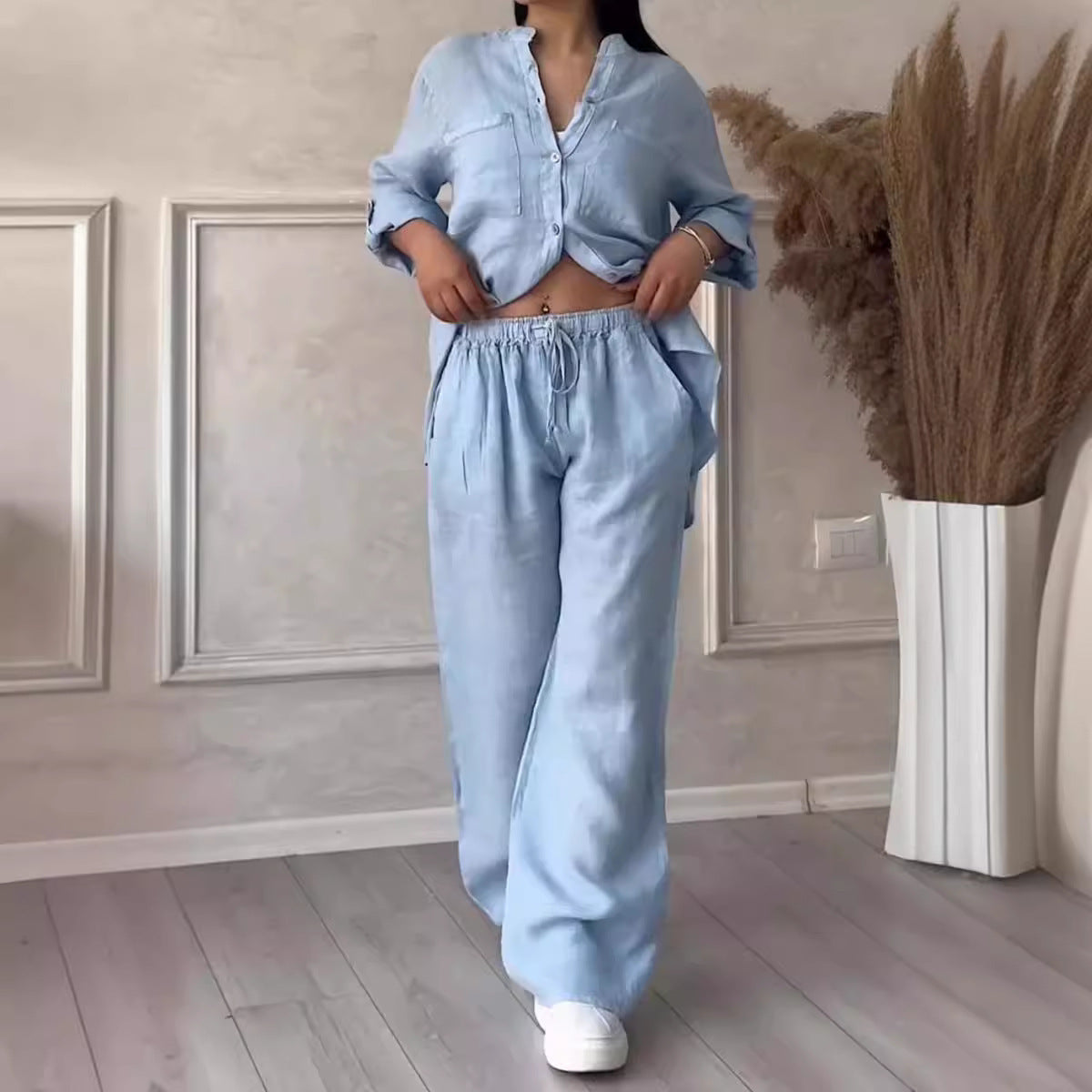 Damen nan lässiges Leinen-Zweiteiler Set mit lockerer Hemdbluse, aufgesetzten Brusttaschen und elastischer Tunnelzug-Hosenbund R&B