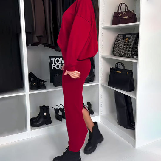 Damen Oversized Pullover und Maxi-Rock Set R&B