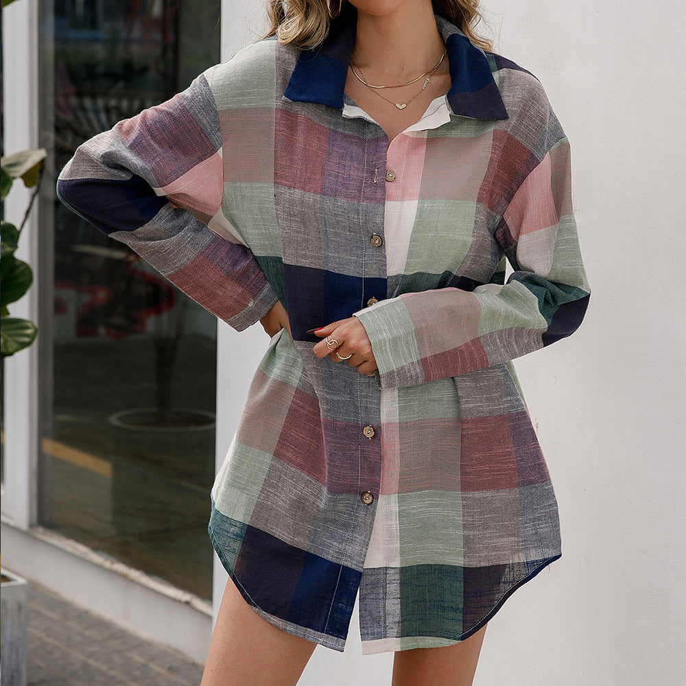 Damen Karierter Hemdblusenkleid aus hochwertigem Material mit langen Ärmeln R&B