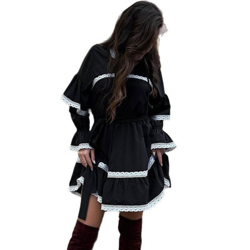 Damen elegantes Kleid mit Volants und Spitzenverzierungen R&B