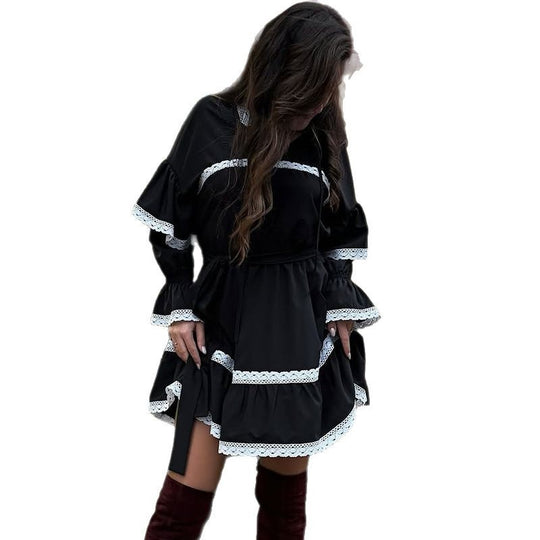 Damen elegantes Kleid mit Volants und Spitzenverzierungen R&B