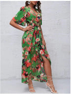 Damen Elegantes Maxi Kleid mit floralen Mustern und Taillengürtel R&B
