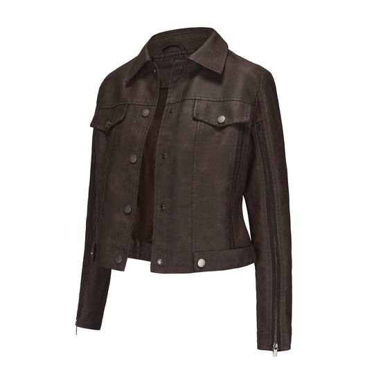 Damen modische Shortjacke aus Kunstleder mit Reißverschlussdetails R&B
