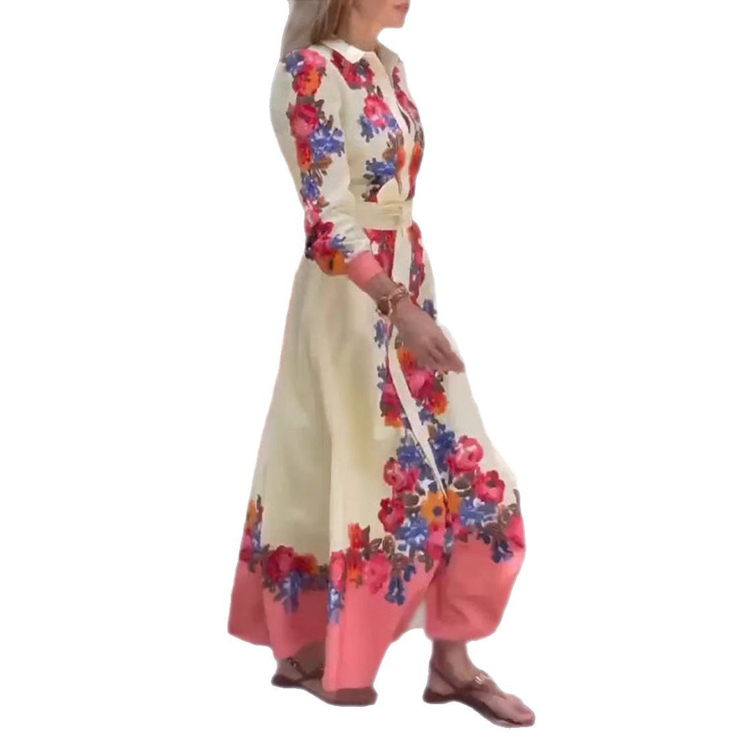 Damen nan langes Hemdblusenkleid mit floralem Print, Bindegürtel und Volantbesatz R&B