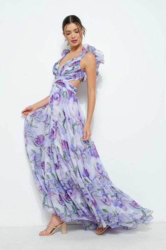 Damen Maxi-Kleid mit floralen Rüschen und schwingendem Design R&B