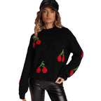 Damen Strickpullover mit fruchtigem Kirschmotiv und lässigem Schnitt R&B