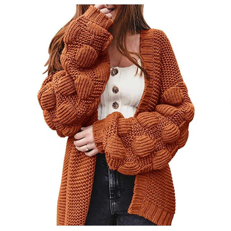 Damen Grobstrick-Cardigan mit voluminösen Puffärmeln und elegantem V-Ausschnitt R&B