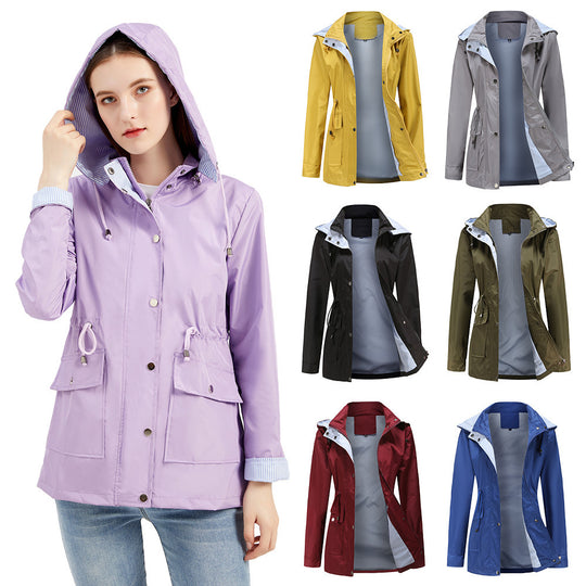 Damen Wetterfeste Regenjacke mit verstellbarem Kapuzenkragen und Taillenzug R&B