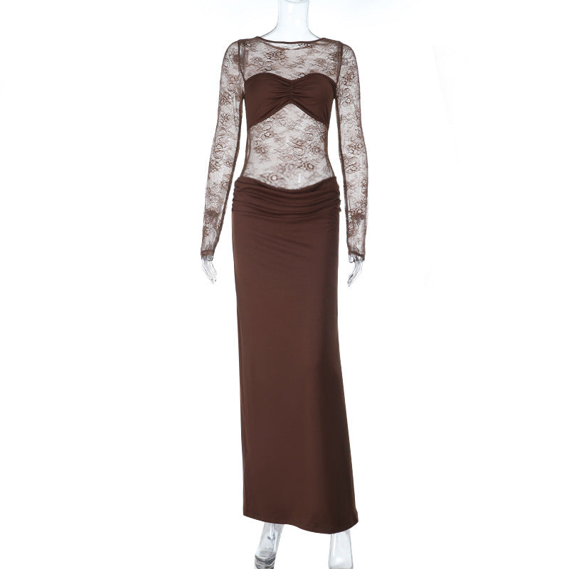 Damen Hochwertiges Maxikleid mit transparenten Langarmen R&B