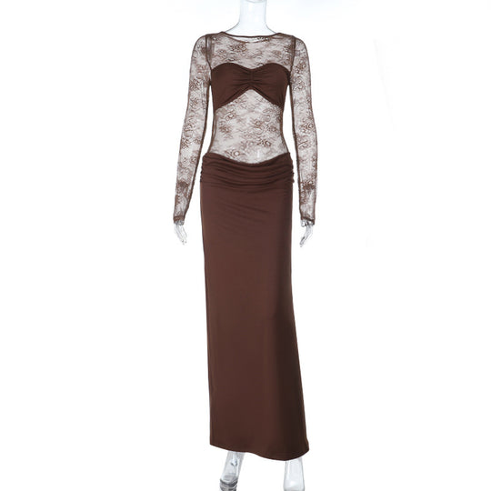 Damen Hochwertiges Maxikleid mit transparenten Langarmen R&B
