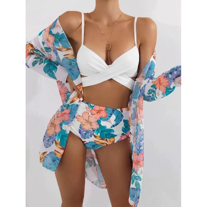 Damen Bikiniset mit floralem Kimono und hoch taillierter Hose R&B