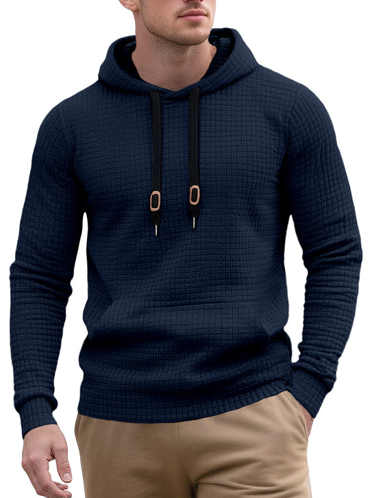 Herren nan schmal geschnittener Stepp-Kapuzenpullover mit feiner Quadratstruktur, Kordelzug und geripptem Saum R&B