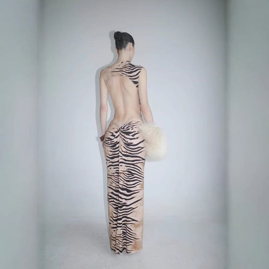 Damen Elegantes Maxikleid mit asymmetrischem Schnitt und Tiermotiv R&B