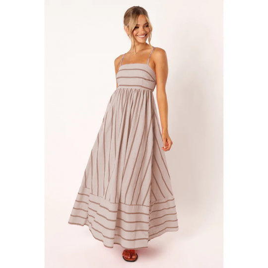 Damen Maxikleid mit feinen Streifen und elastischem Taillenbund R&B
