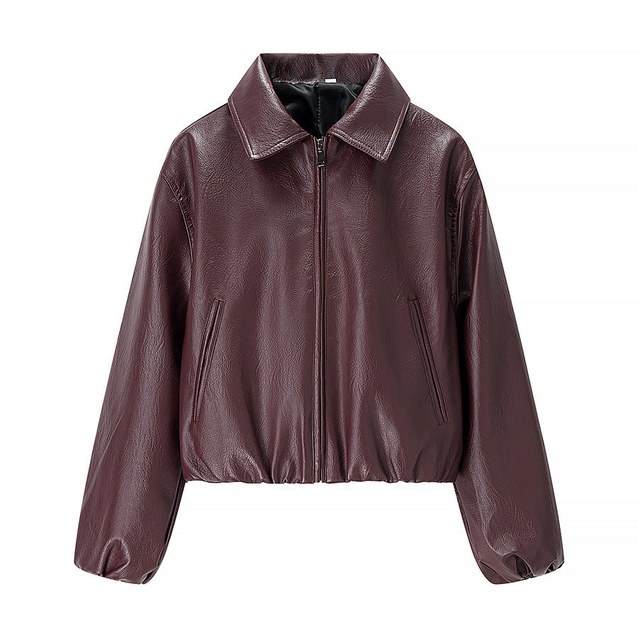 Damen nan kurze Glanz-Kunstlederjacke mit Hemdkragen, verdecktem Reißverschluss und elastischem Bund R&B