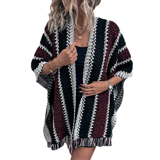 Damen Strickponcho mit V-Ausschnitt und Fransen R&B