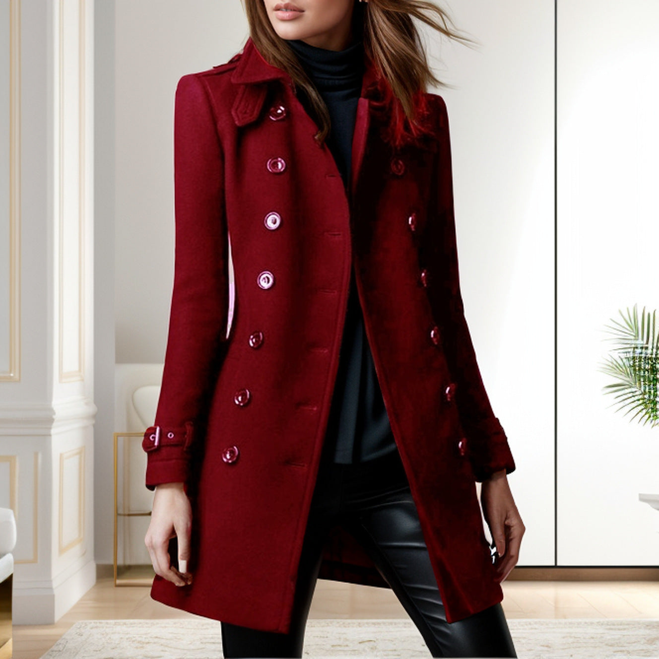 Damen stylischer Wollmantel mit doppelter Knopfleiste R&B