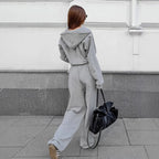 Damen Bequemes Sportanzug Set mit Kapuzenjacke und weiten Hosen R&B