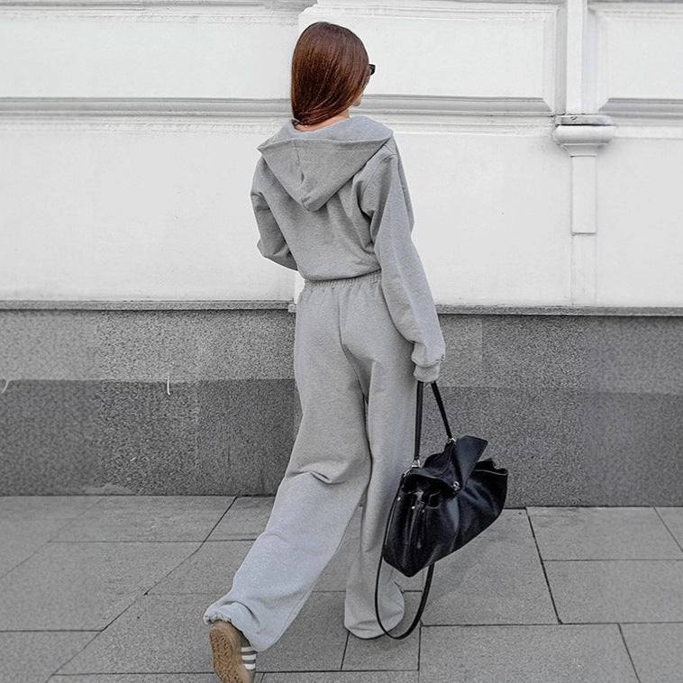 Damen Bequemes Sportanzug Set mit Kapuzenjacke und weiten Hosen R&B