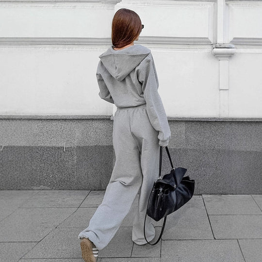 Damen Bequemes Sportanzug Set mit Kapuzenjacke und weiten Hosen R&B