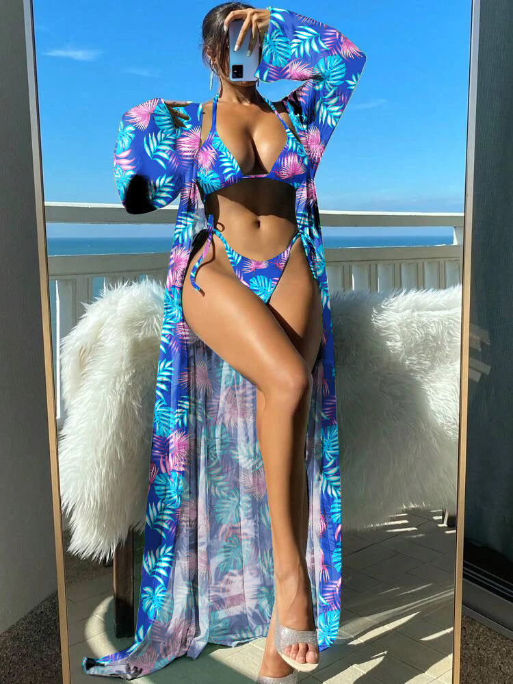 Damen Bikini-Set mit transparentem Kaftan und floralem Design R&B
