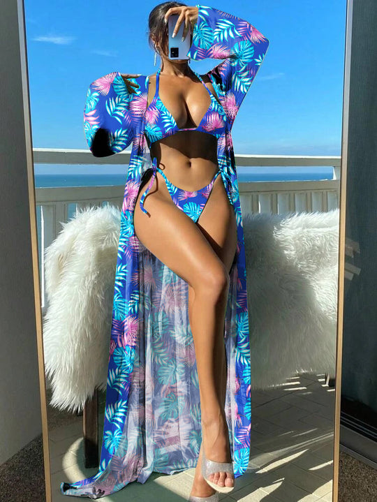 Damen Bikini-Set mit transparentem Kaftan und floralem Design R&B