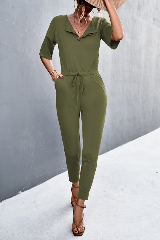Damen Jumpsuit mit elegantem V-Ausschnitt und praktischen Taschen R&B
