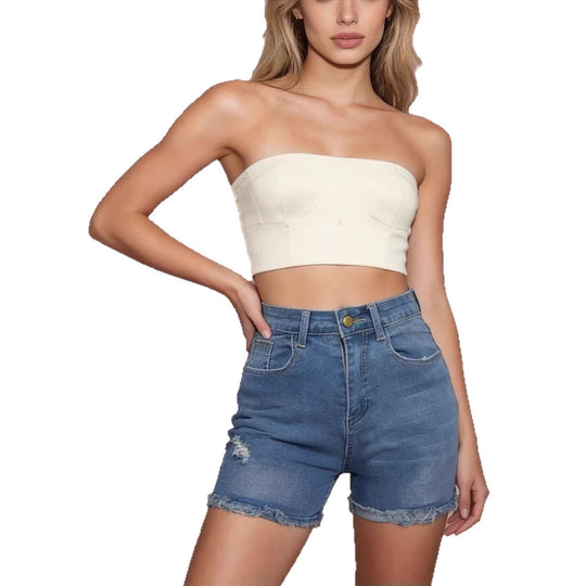Damen lässige High-Waist Denim-Shorts mit Fransen und modischen Destroyed-Details R&B