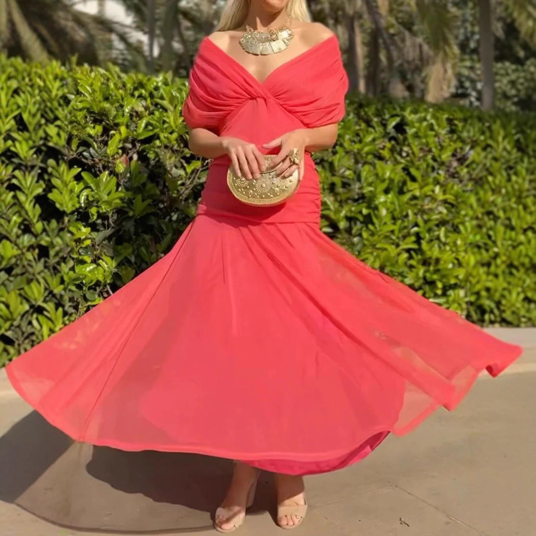 Damen nan fließendes Abendkleid mit transparentem Chiffon-Capelet, V-Ausschnitt und taillierter Drapierung R&B