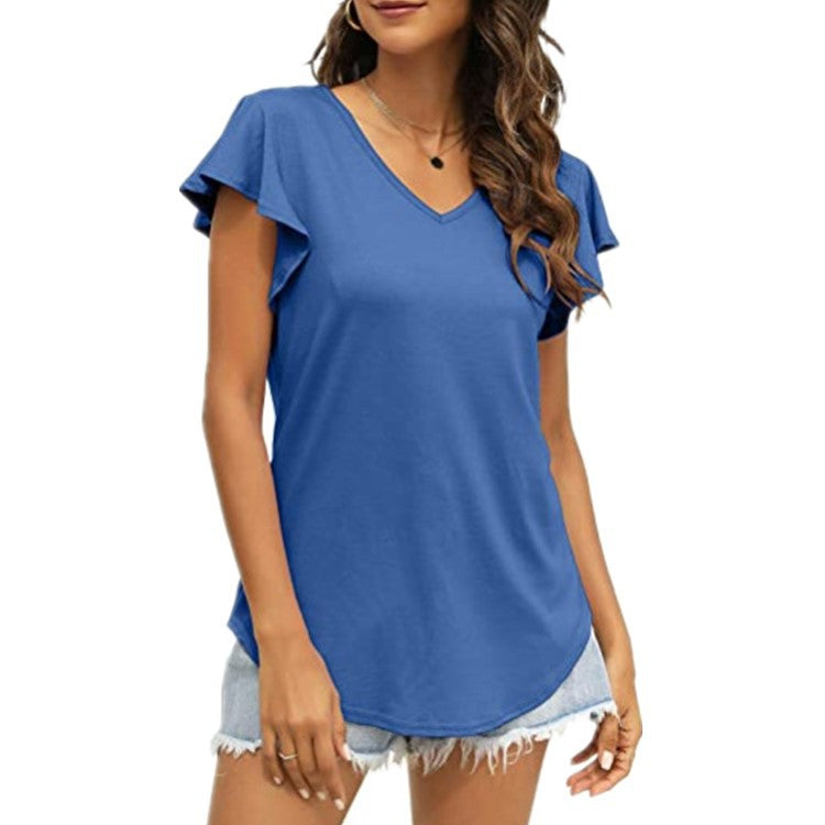 Damen V-Ausschnitt T-Shirt mit Rüschenärmeln und lässigem Schnitt R&B