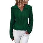 Damen V-Ausschnitt Strickpullover mit Kragen R&B