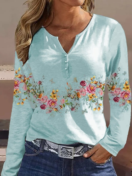 Damen Langarmshirt mit floralem Motiv und Knopfdetails R&B