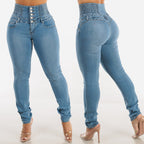 Damen Hochtaillierte Slim Fit Jeans mit dekorativen Knopfdetails R&B