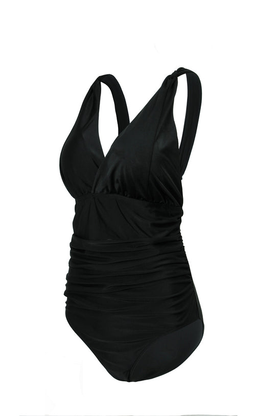 Damen Eleganter Einteiler Badeanzug mit Wickeloptik und Raffung R&B