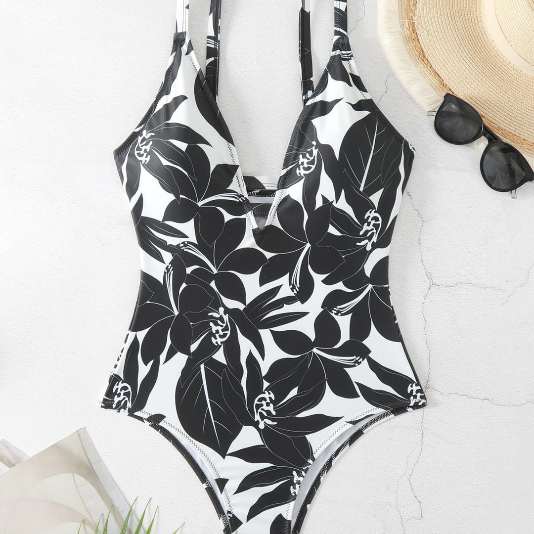 Damen Einteiler Badeanzug mit elegantem floralem Design und modernem V-Ausschnitt R&B