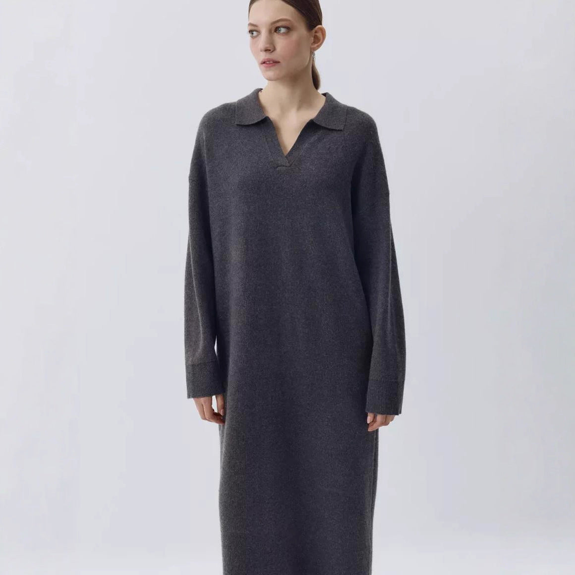 Damen Übergröße Strickkleid mit modernem Polokragen und langen Ärmeln R&B