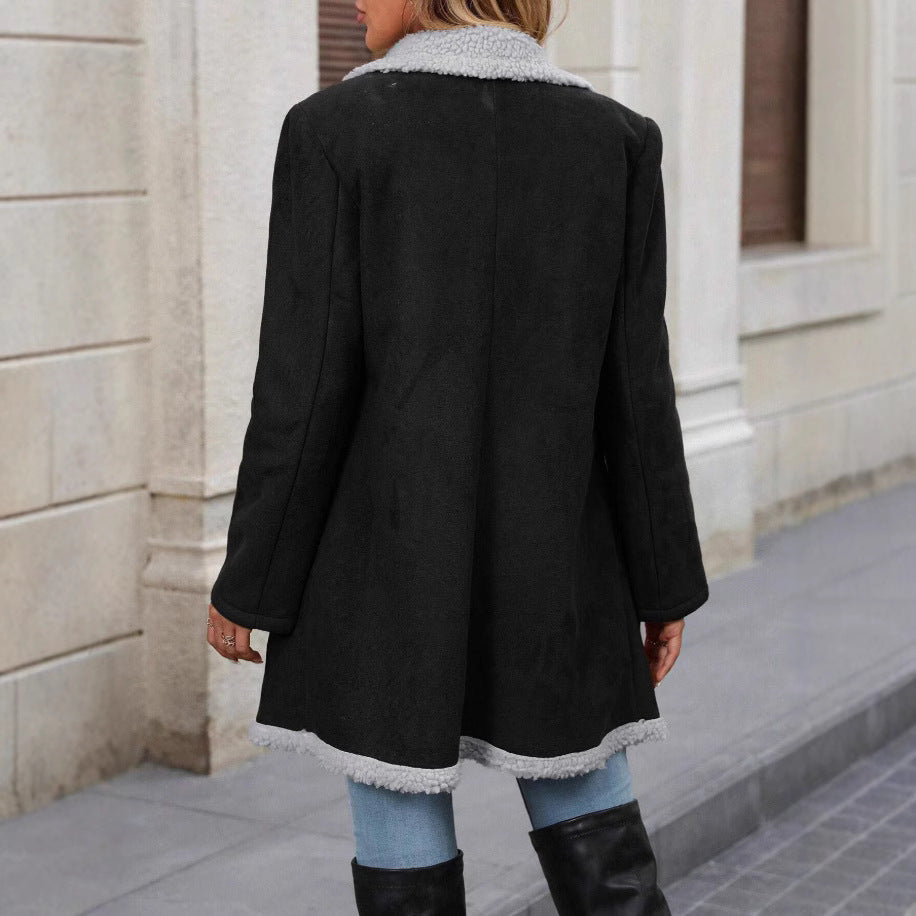 Damen Modische Oversized-Jacke mit Teddyfutter und doppelter Knopfleiste R&B