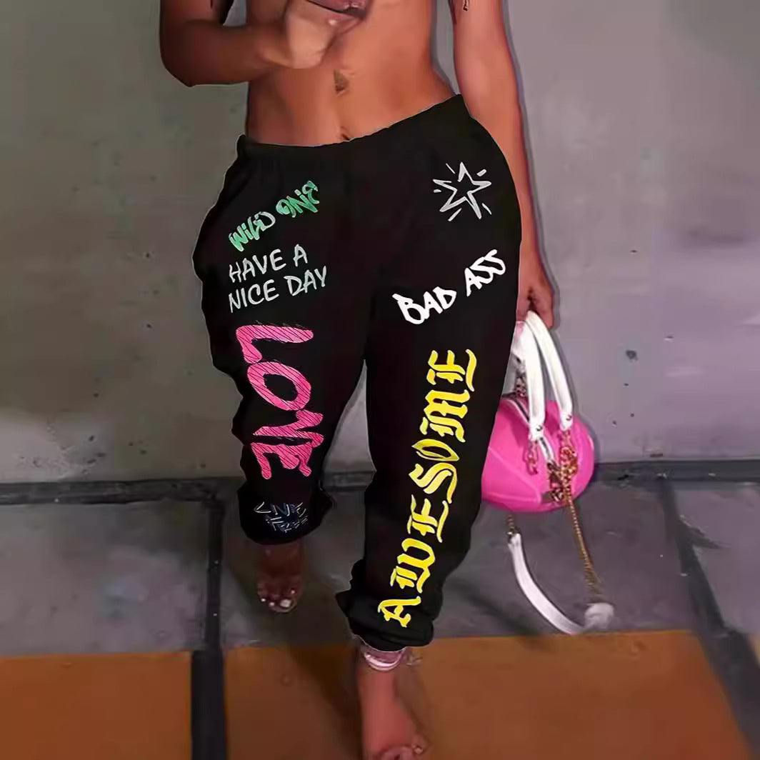 Damen Freizeithose mit kreativem Schriftzug und elastischem Bund R&B